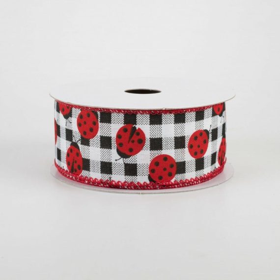 Fabric Ribbon |   1.5" Printed Gingham Ladybugs Ribbon (10 Yards) Fabric Ribbon Black,White,Red