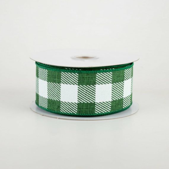 Fabric Ribbon |   1.5" Printed Plaid Check Ribbon: Emerald Green & White (10 Yards) Fabric Ribbon Fabric Ribbon