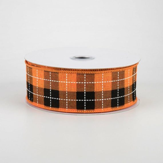 Fabric Ribbon |   1.5" Printed Woven Check Ribbon: Orange, Black, White (10 Yards) Fabric Ribbon Black,Orange