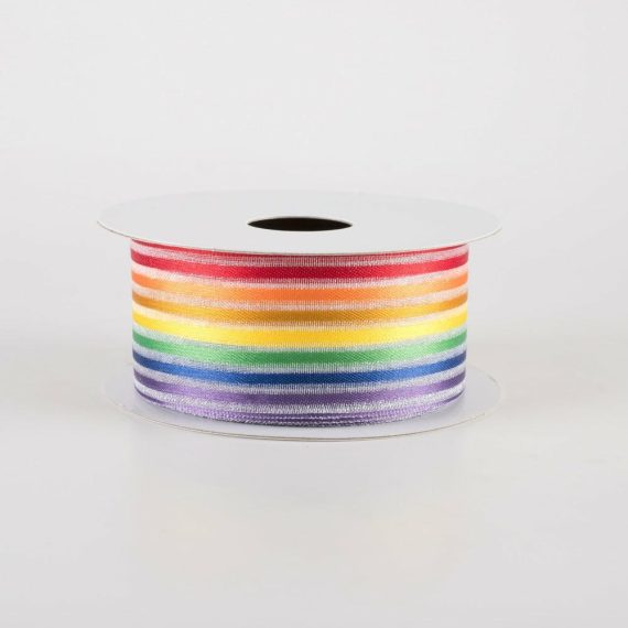 Fabric Ribbon |   1.5" Rainbow Stripes White Sheer Woven Ribbon (10 Yards) Fabric Ribbon Fabric Ribbon