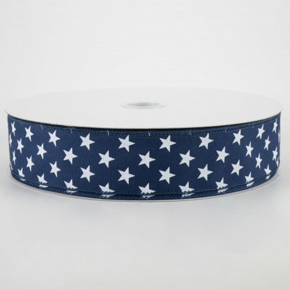 Fabric Ribbon |   1.5" Random Star Ribbon: Navy Blue (50 Yards) Fabric Ribbon Blue,White