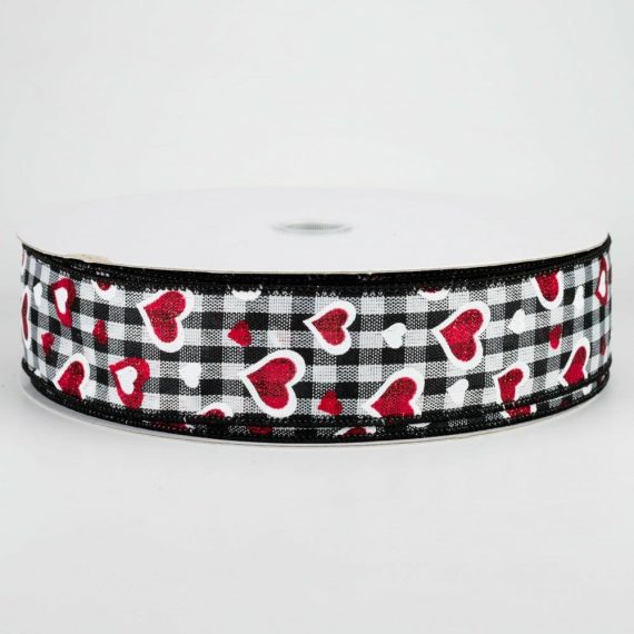 Fabric Ribbon |   1.5" Red Glitter Hearts & Check Ribbon (50 Yards) Fabric Ribbon Black,White,Red