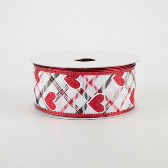 Fabric Ribbon |   1.5" Red Glitter Hearts On Argyle Ribbon (10 Yards) Fabric Ribbon Fabric Ribbon