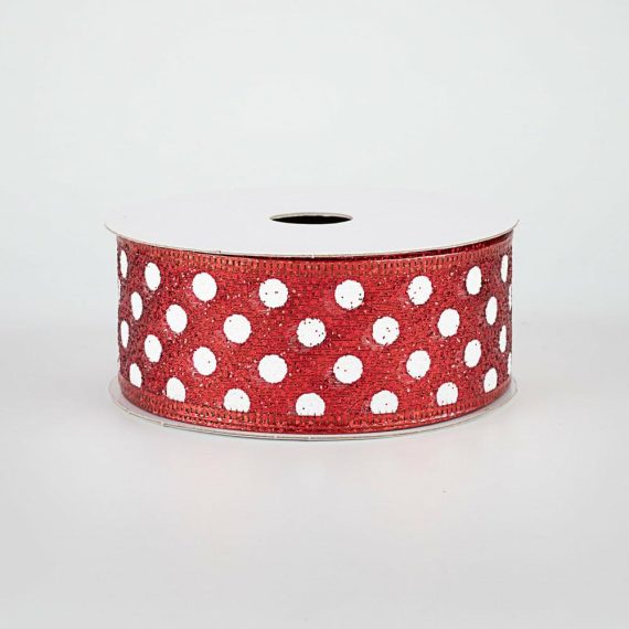 Fabric Ribbon |   1.5" Red Glitter Polka Dot Ribbon: White (10 Yards) Fabric Ribbon Fabric Ribbon