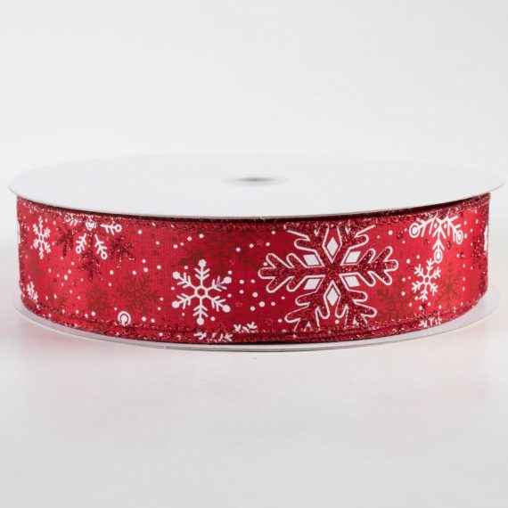 Fabric Ribbon |   1.5" Red Glittered White Snowflakes Satin Ribbon: Red (50 Yards) Fabric Ribbon Fabric Ribbon