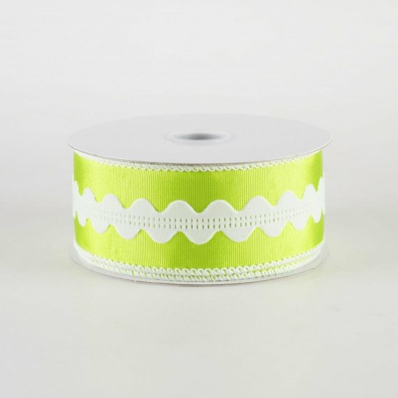 Fabric Ribbon |   1.5" Ric Rac Center Ribbed Satin Ribbon: Lime & White (10 Yards) Fabric Ribbon Fabric Ribbon