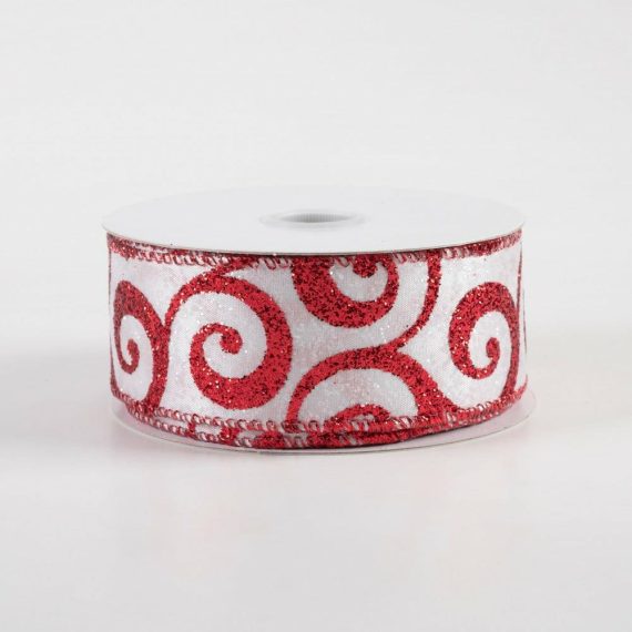 Fabric Ribbon |   1.5" Satin Glitter Swirl Ribbon: White & Red (10 Yards) Fabric Ribbon Fabric Ribbon