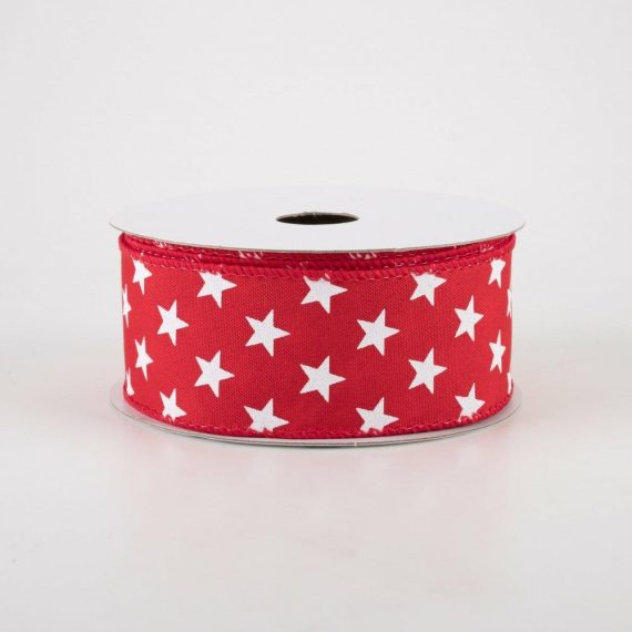 Fabric Ribbon |   1.5" Satin White Stars Ribbon: Red (10 Yards) Fabric Ribbon Fabric Ribbon