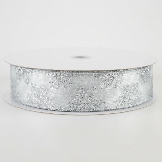 Fabric Ribbon |   1.5" Sheer Metallic Snowflake Ribbon: Silver (50 Yards) Fabric Ribbon Fabric Ribbon