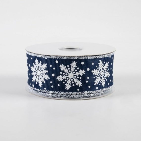 Fabric Ribbon |   1.5" Snowflakes Ribbon: Navy Blue & White (10 Yards) Fabric Ribbon Blue,White