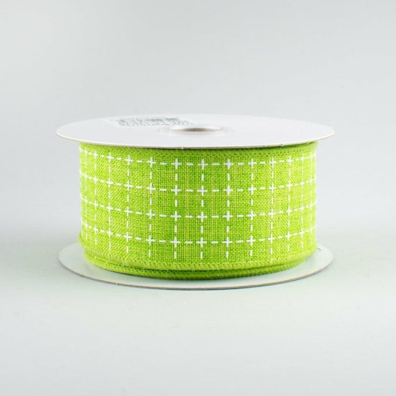 Fabric Ribbon |   1.5" Stitched Squares Ribbon: Lime & White (10 Yards) Fabric Ribbon Fabric Ribbon