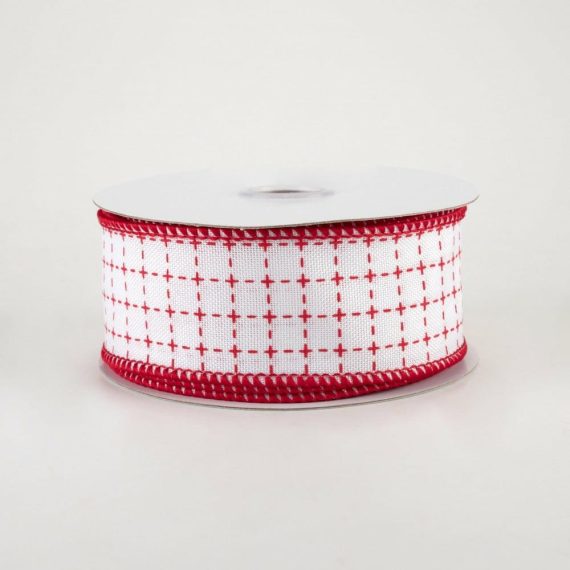 Fabric Ribbon |   1.5" Stitched Squares Ribbon: White & Red (10 Yards) Fabric Ribbon Fabric Ribbon