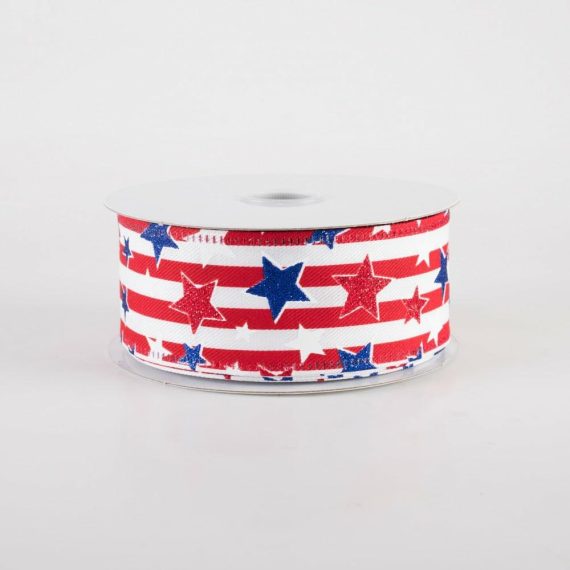 Fabric Ribbon |   1.5" Stripes & Glitter Patriotic Stars Ribbon: Red (10 Yards) Fabric Ribbon Fabric Ribbon