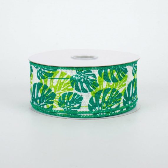 Fabric Ribbon |   1.5" Tropical Philodendron Leaves Ribbon: Green (10 Yards) Fabric Ribbon Emerald Green,Lime Green,White