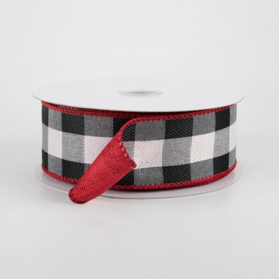 Fabric Ribbon |   1.5" Two Sided Buffalo Plaid & Linen Ribbon: Black, White, Red (10 Yards) Fabric Ribbon Black,White,Red