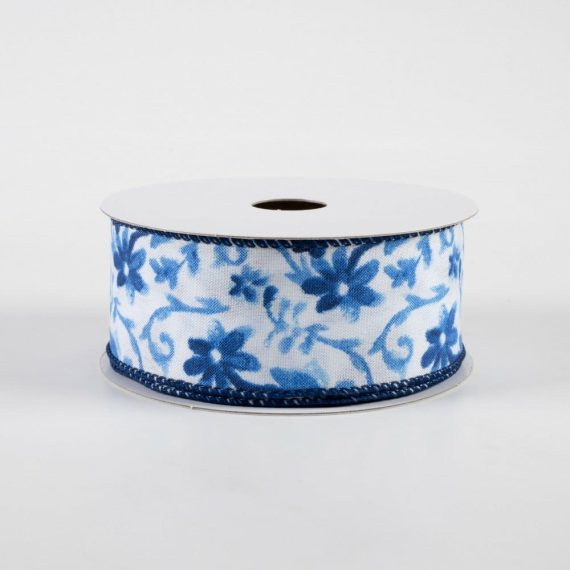 Fabric Ribbon |   1.5" Watercolor Flower Branches Satin Ribbon: Blues (10 Yards) Fabric Ribbon Blue,White