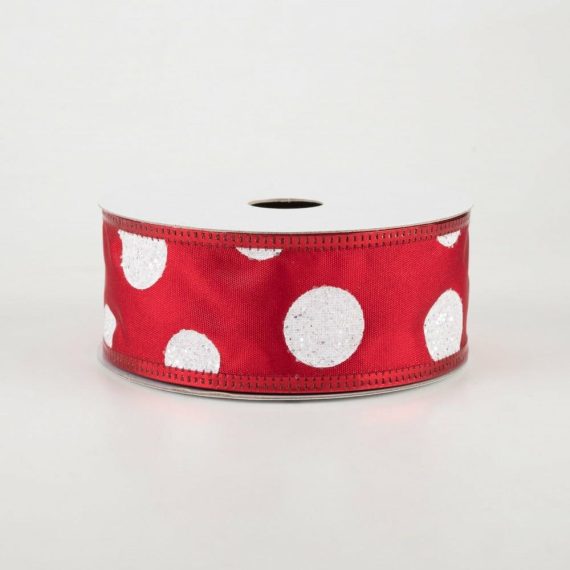 Fabric Ribbon |   1.5" White Glitter Big Dot Satin Ribbon: Red (10 Yards) Fabric Ribbon Fabric Ribbon