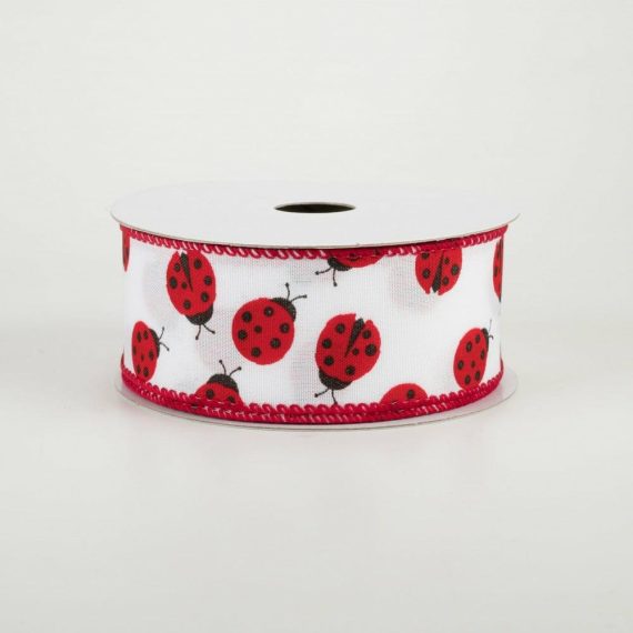 Fabric Ribbon |   1.5" White Satin Ladybugs Ribbon (10 Yards) Fabric Ribbon Black,White,Red