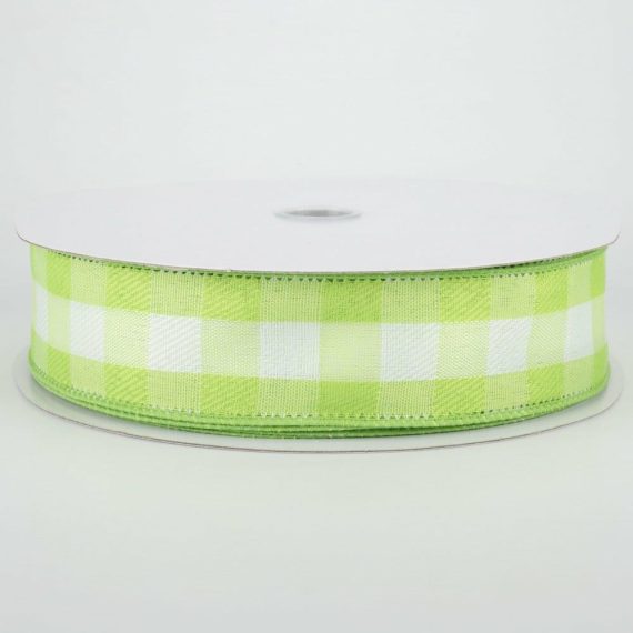 Fabric Ribbon |   1.5" Woven Buffalo Plaid Ribbon: Lime & White (50 Yards) Fabric Ribbon Fabric Ribbon