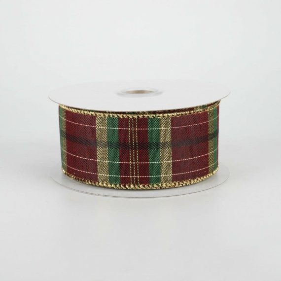 Fabric Ribbon |   1.5" Woven Metallic Plaid Ribbon: Burgundy (10 Yards) Fabric Ribbon Burgundy,Black,Emerald,Gold