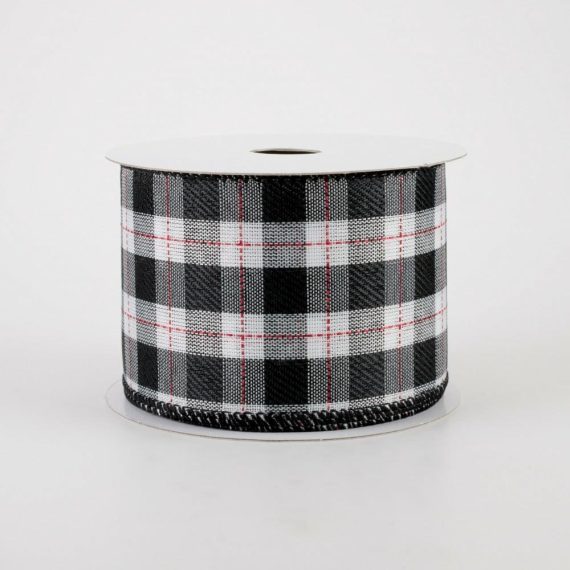 Fabric Ribbon |   2.5" Black & White Buffalo Plaid Ribbon: Red Stitching (10 Yards) Fabric Ribbon Black,White,Red