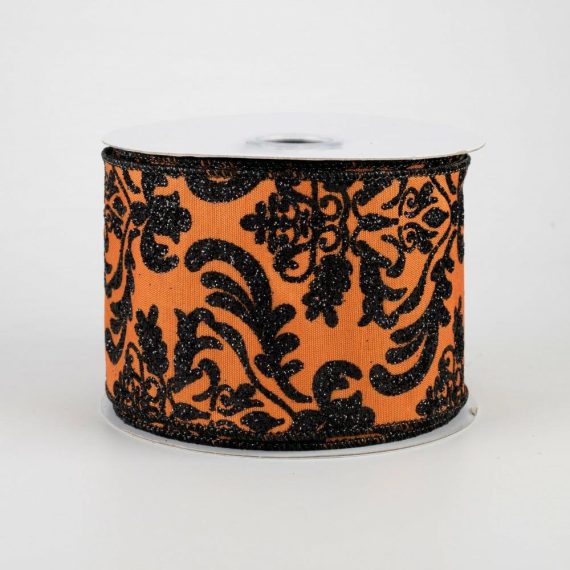 Fabric Ribbon |   2.5" Bold Damask Dupioni Ribbon: Orange & Black (10 Yards) Fabric Ribbon Black,Orange