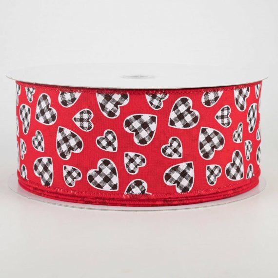 Fabric Ribbon |   2.5" Buffalo Check Heart Ribbon: Red (50 Yards) Fabric Ribbon Fabric Ribbon