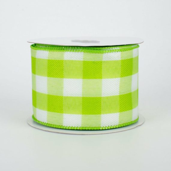 Fabric Ribbon |   2.5" Buffalo Check Plaid Ribbon: Lime & White (10 Yards) Fabric Ribbon Fabric Ribbon