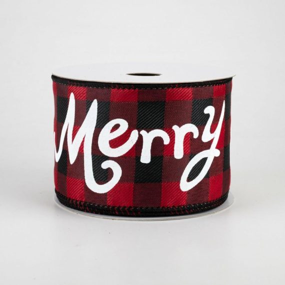 Fabric Ribbon |   2.5" Buffalo Plaid Merry Christmas Ribbon: Black, Red, White (10 Yards) Fabric Ribbon Black,White,Red