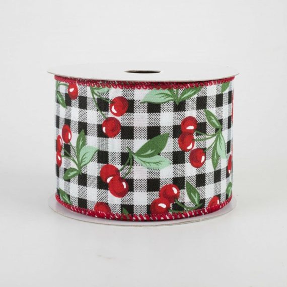 Fabric Ribbon |   2.5" Buffalo Plaid With Cherries Ribbon (10 Yards) Fabric Ribbon Black,White,Red