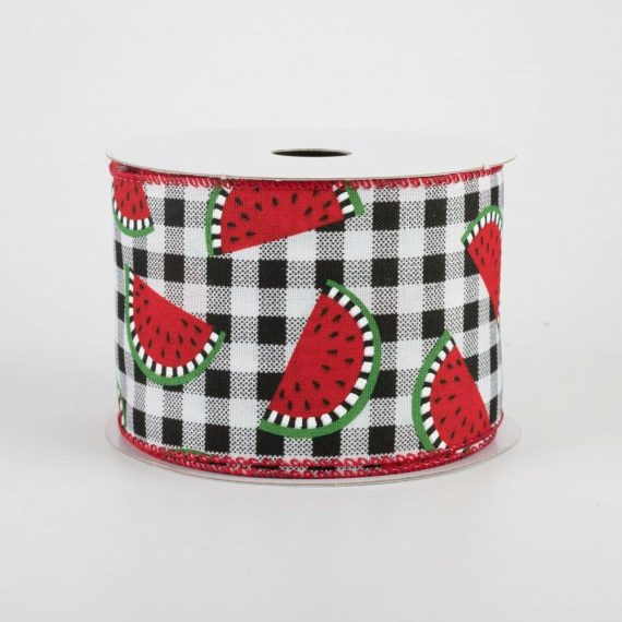 Fabric Ribbon |   2.5" Buffalo Plaid With Watermelon Slices Ribbon (10 Yards) Fabric Ribbon Black,White,Red