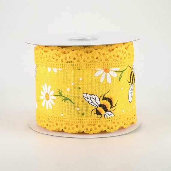 Fabric Ribbon |   2.5" Bumble Bee & Daisy Lace Edge Ribbon: Yellow (10 Yards) Fabric Ribbon Fabric Ribbon