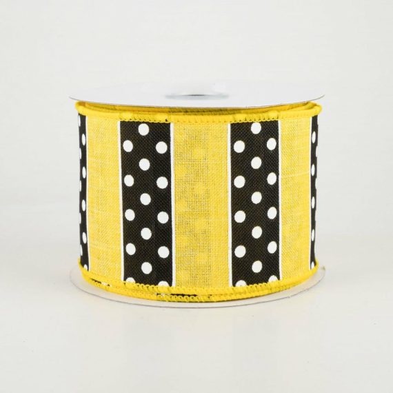 Fabric Ribbon |   2.5" Bw Polka Dot Stripes Ribbon: Sun Yellow (10 Yards) Fabric Ribbon Fabric Ribbon