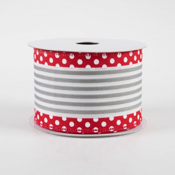 Fabric Ribbon |   2.5" Cabana Stripe Dot Edge Ribbon: White, Grey, Red (10 Yards) Fabric Ribbon Fabric Ribbon