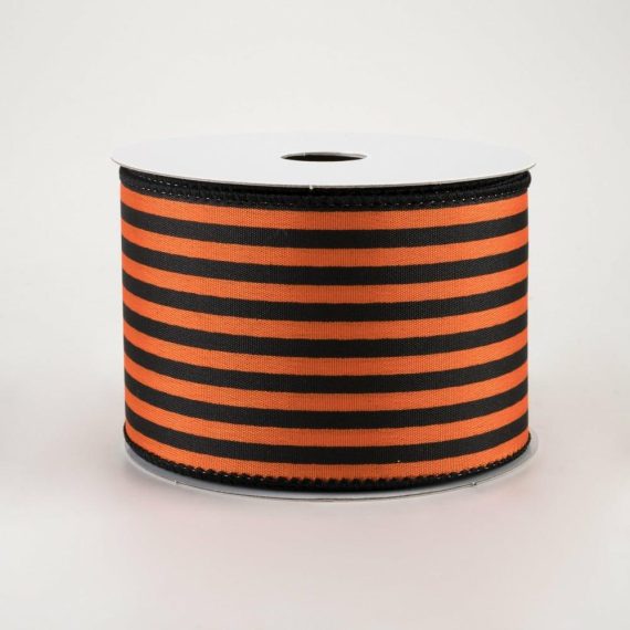 Fabric Ribbon |   2.5" Cabana Stripes Ribbon: Black On Orange Satin (10 Yards) Fabric Ribbon Black,Orange