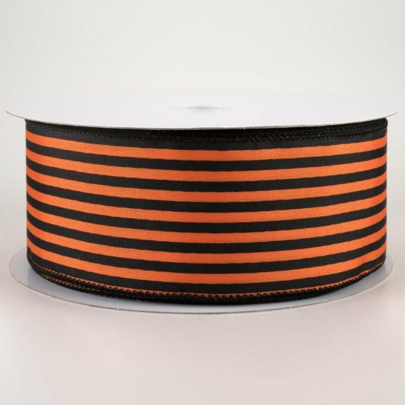 Fabric Ribbon |   2.5" Cabana Stripes Ribbon: Black On Orange Satin (50 Yards) Fabric Ribbon Black,Orange