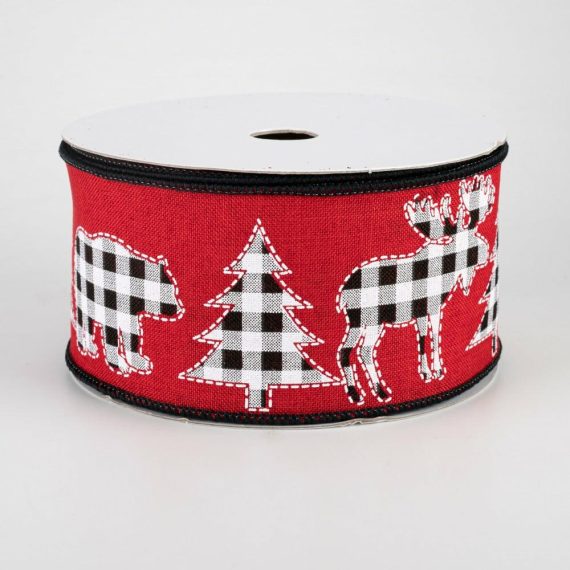 Fabric Ribbon |   2.5" Check Bear, Moose, Tree Ribbon: Red (10 Yards) Fabric Ribbon Black,White,Red