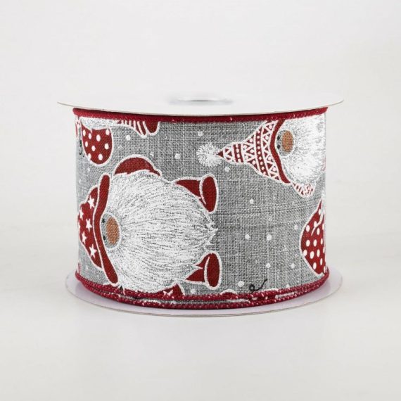 Fabric Ribbon |   2.5" Christmas Gnomes Ribbon: Grey (10 Yards) Fabric Ribbon Fabric Ribbon