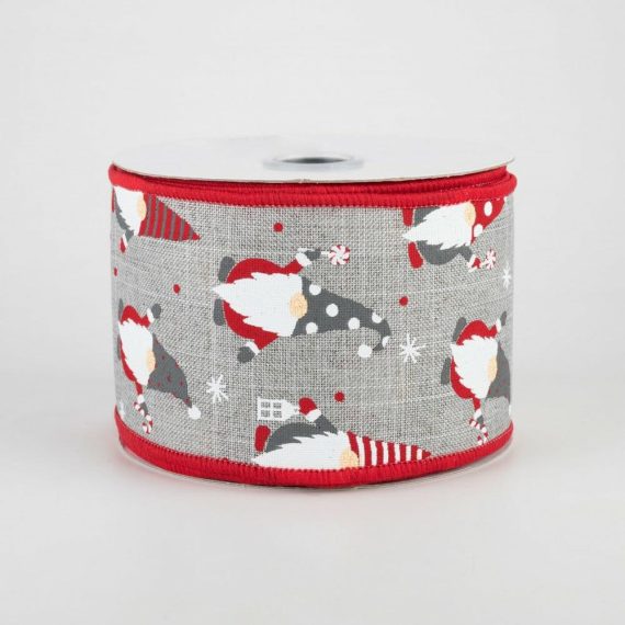 Fabric Ribbon |   2.5" Christmas Gnomes Ribbon: Light Grey (10 Yards) Fabric Ribbon Fabric Ribbon