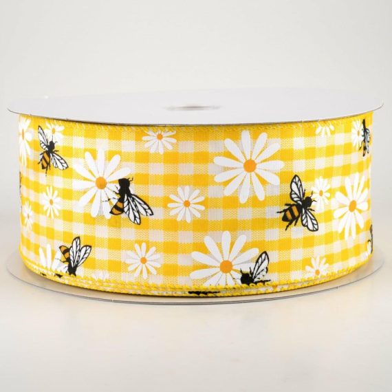 Fabric Ribbon |   2.5" Daisies & Bees Ribbon: Yellow & White Gingham (50 Yards) Fabric Ribbon Fabric Ribbon