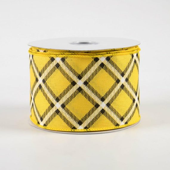 Fabric Ribbon |   2.5" Diagonal Dash Check Ribbon: Yellow, Black, White (10 Yards) Fabric Ribbon Fabric Ribbon