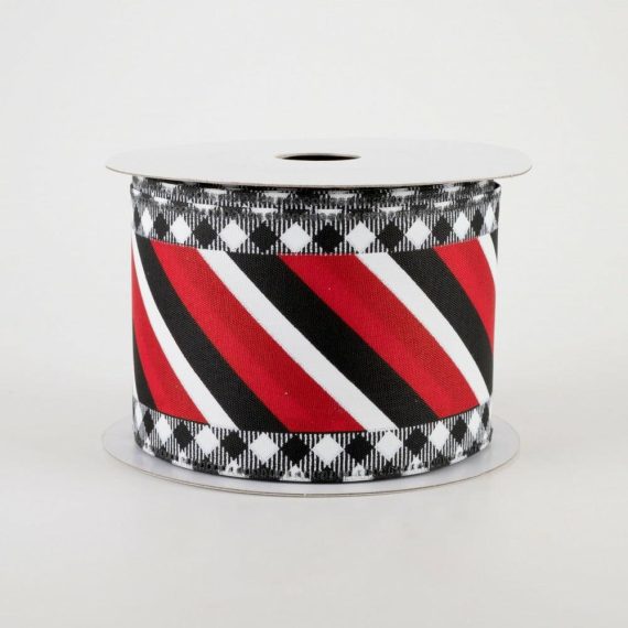 Fabric Ribbon |   2.5" Diagonal Stripe Ribbon With Check Edge: Black, Red, White (10 Yards) Fabric Ribbon Black,White,Red