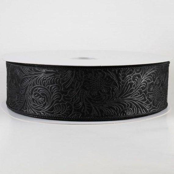 Fabric Ribbon |   2.5" Embossed Flower Breeze Ribbon: Black (50 Yards) Fabric Ribbon Black