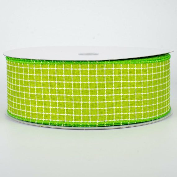 Fabric Ribbon |   2.5" Embroidered Stitched Squares Ribbon: Lime (50 Yards) Fabric Ribbon Fabric Ribbon