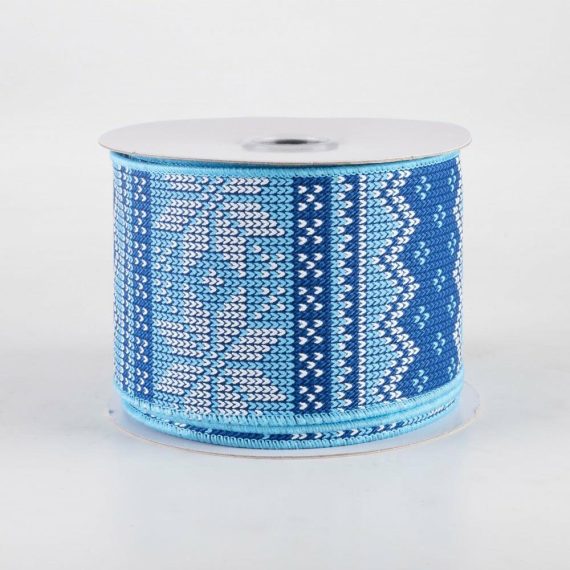 Fabric Ribbon |   2.5" Fair Isle Sweater Ribbon: Blue & White (10 Yards) Fabric Ribbon Blue,White