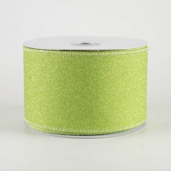 Fabric Ribbon |   2.5" Fine Glitter On Royal Ribbon: Light & Fresh Green (10 Yards) Fabric Ribbon Fabric Ribbon