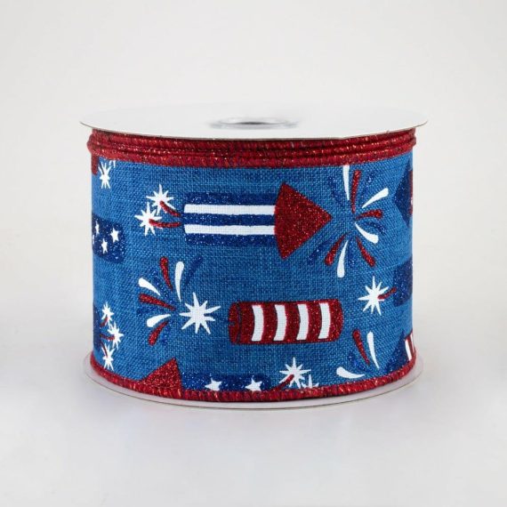 Fabric Ribbon |   2.5" Firecrackers Ribbon: Royal Blue, Red, White (10 Yards) Fabric Ribbon Fabric Ribbon