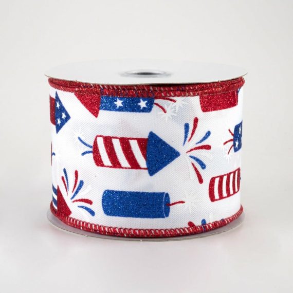 Fabric Ribbon |   2.5" Firecrackers Ribbon: White, Red, Blue (10 Yards) Fabric Ribbon Fabric Ribbon