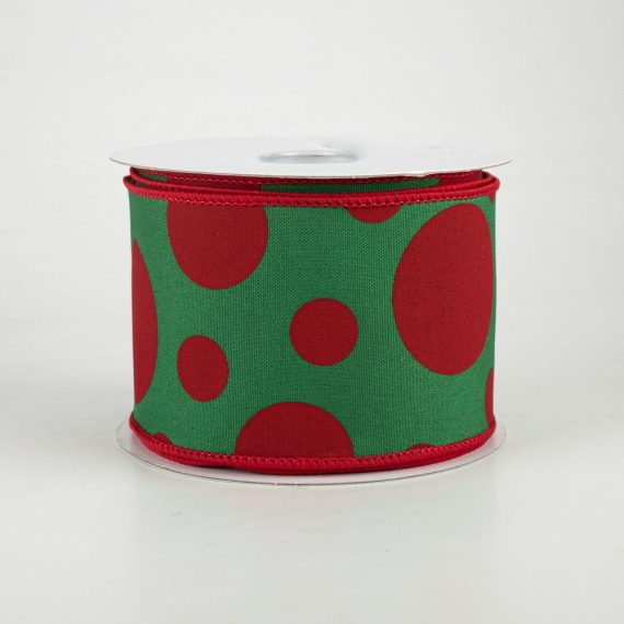 Fabric Ribbon |   2.5" Giant Three Size Polka Dot Ribbon: Emerald Green & Red (10 Yards) Fabric Ribbon Emerald Green,Red