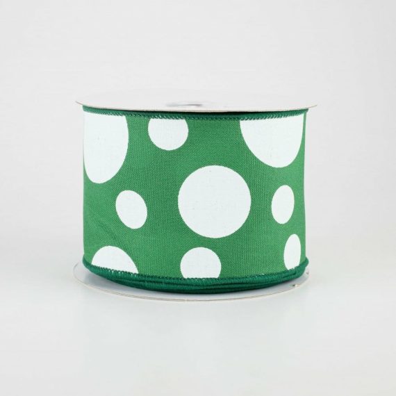 Fabric Ribbon |   2.5" Giant Three Size Polka Dot Ribbon: Emerald Green & White (10 Yards) Fabric Ribbon Fabric Ribbon